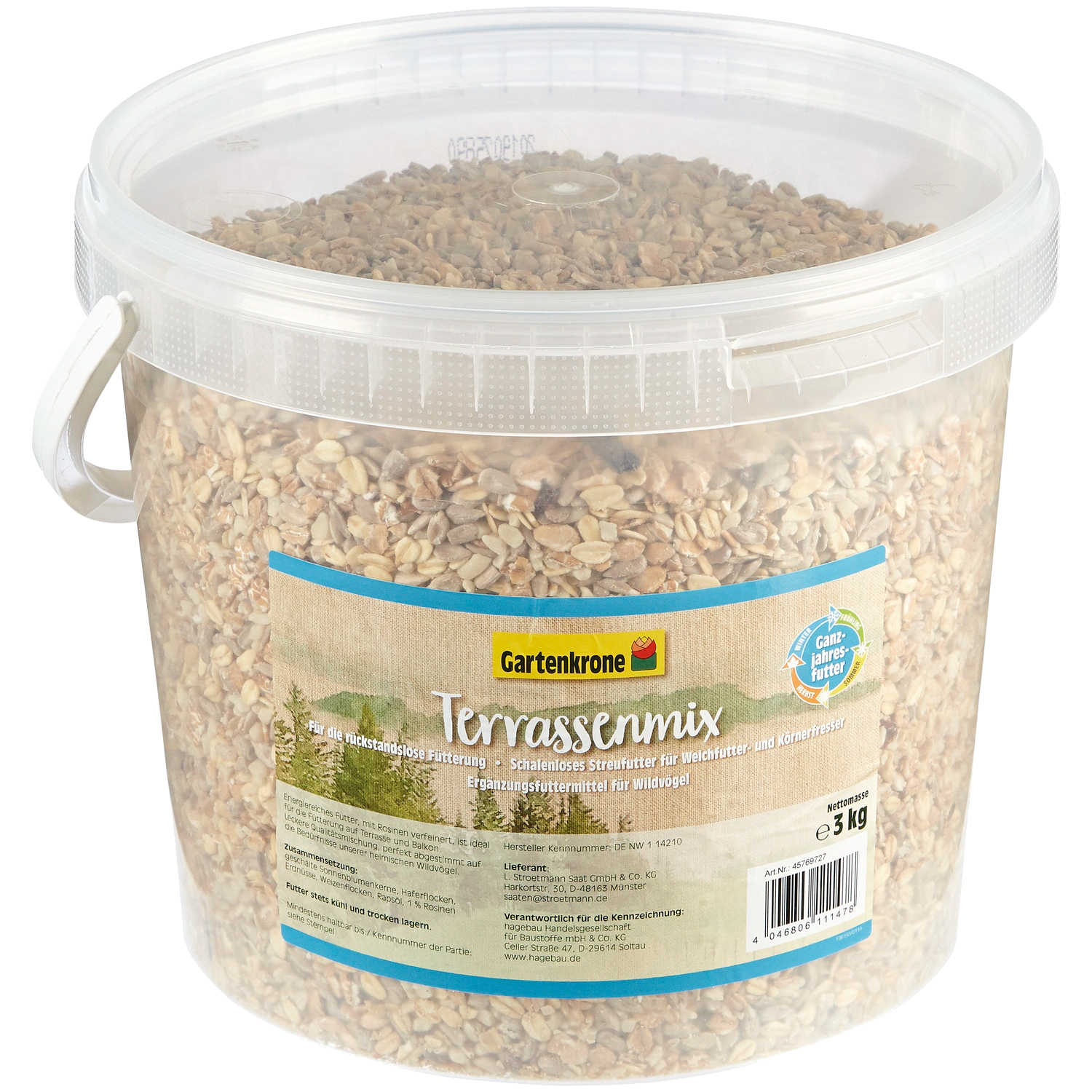3kg Gartenkrone Vogelfutter Terrassenmix, im Eimer