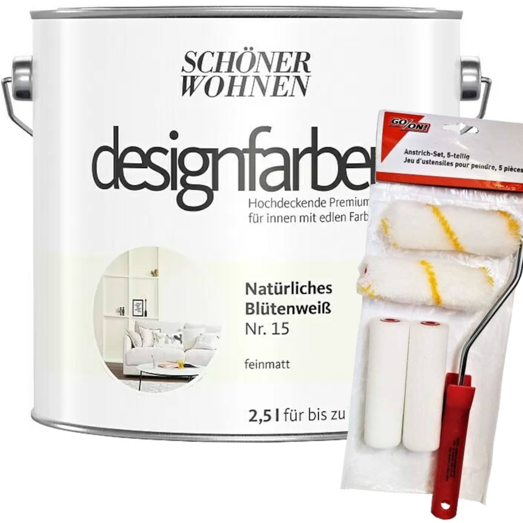 2,5L Schöner Wohnen Designfarbe Natürliches Blütenweiß 15 + Rollerset