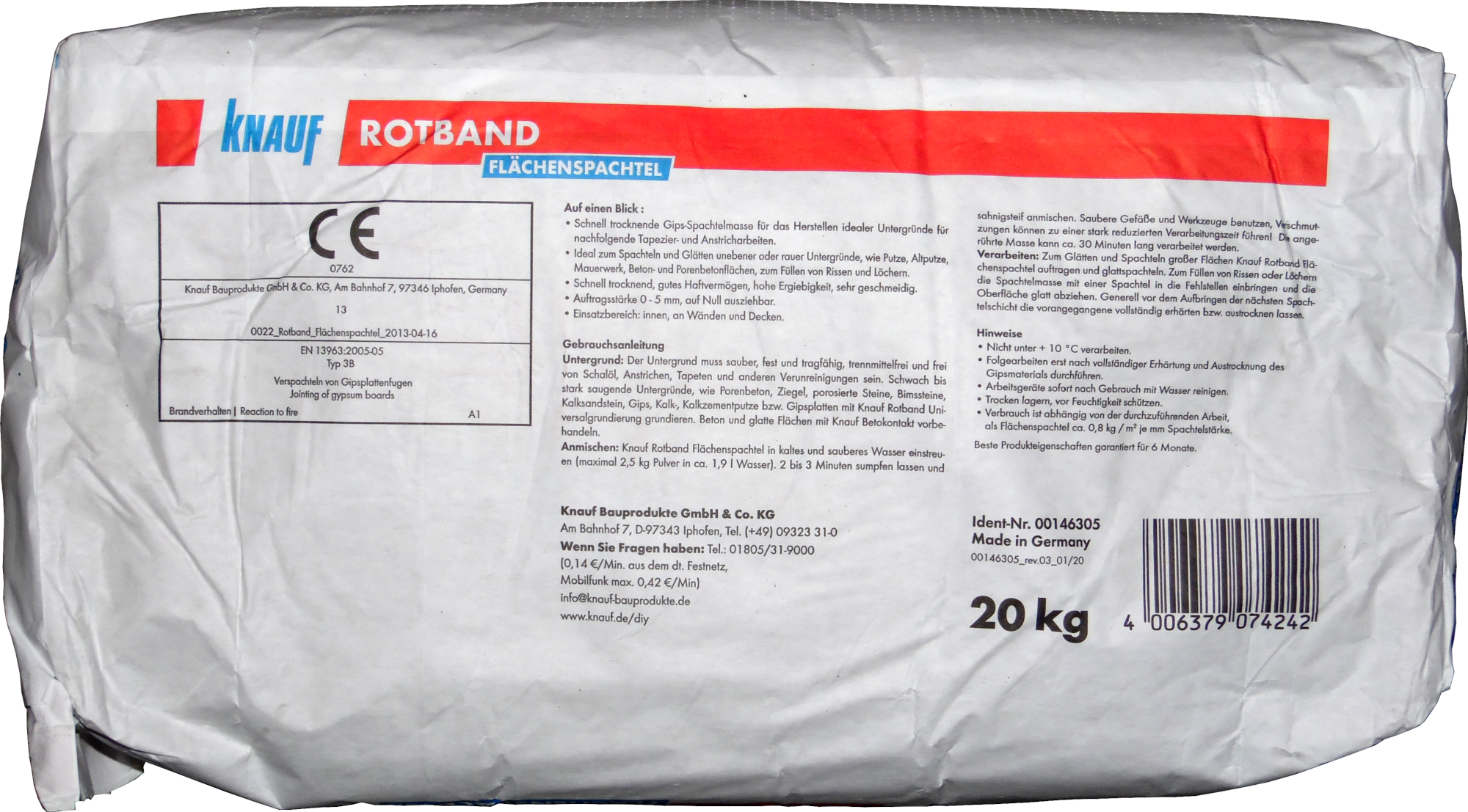 20kg Knauf Rotband Flächenspachtel Weiss