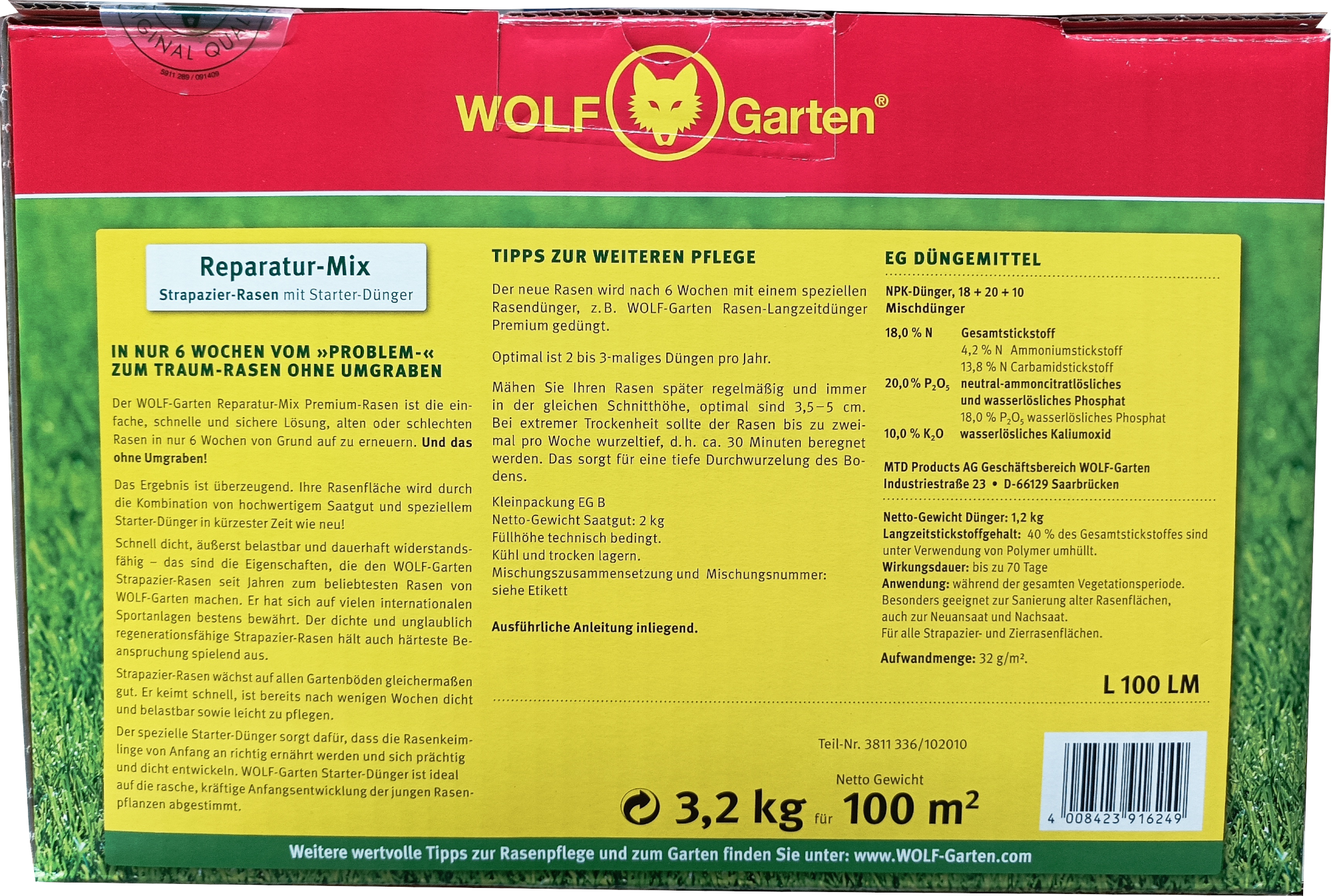 3,2kg L100 LM Strapazier-Rasen mit Starterdünger Reparatur-Mix