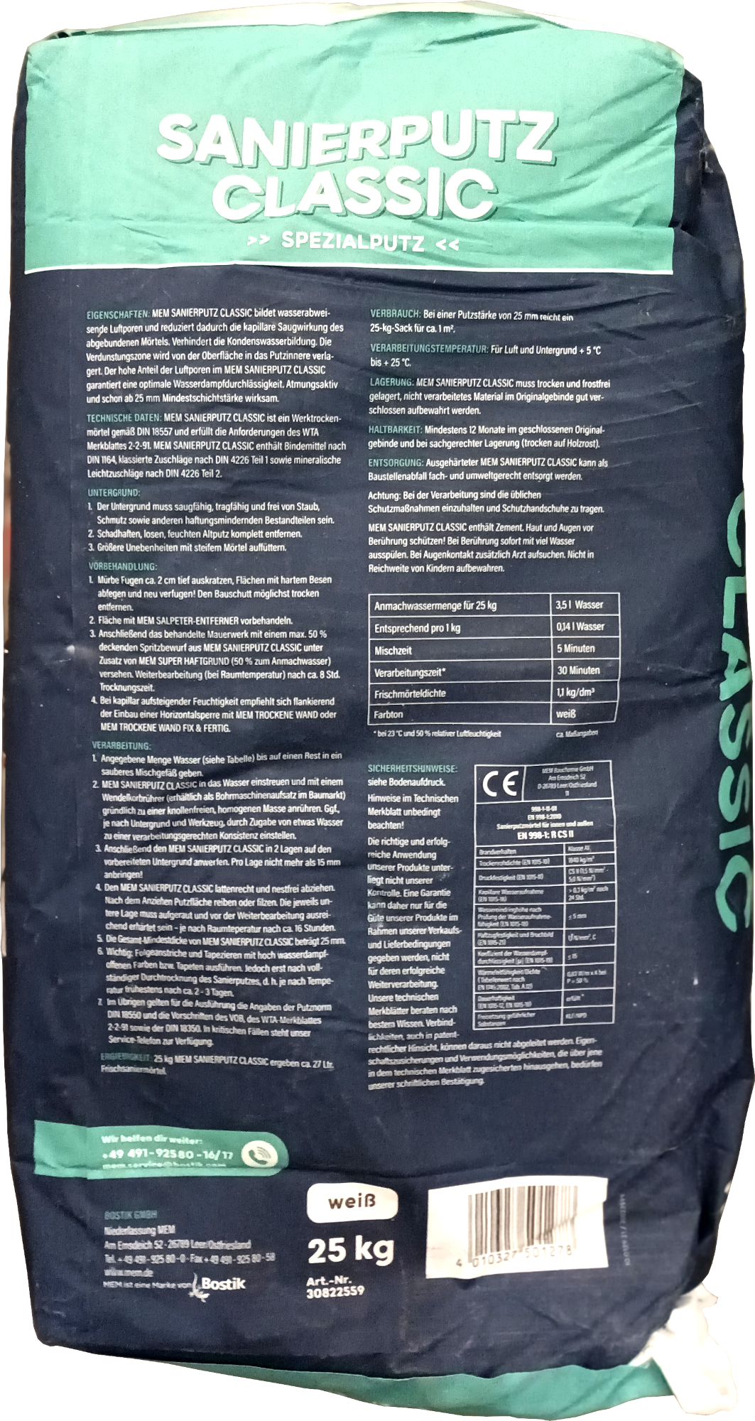 25Kg MEM Sanierputz Classic weiß