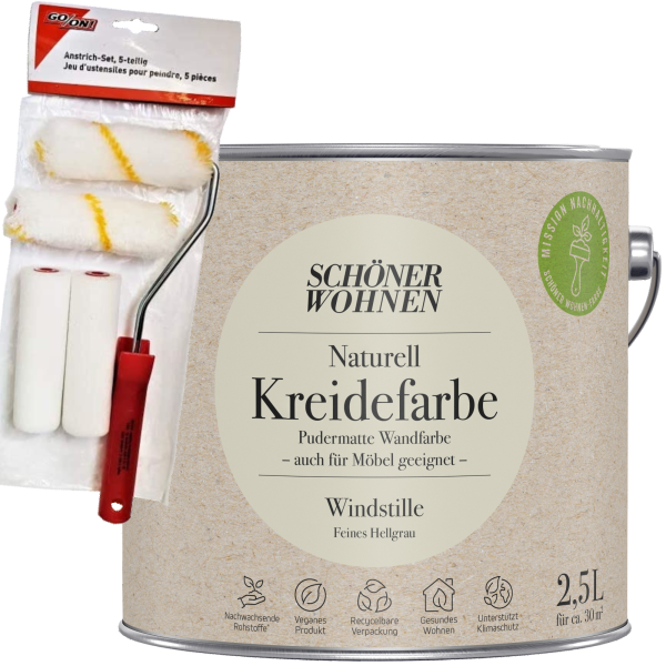 2,5L Schöner Wohnen Naturell Kreidefarbe Windstille, Feines Hellgrau + Farbroller-Set 5-teilig